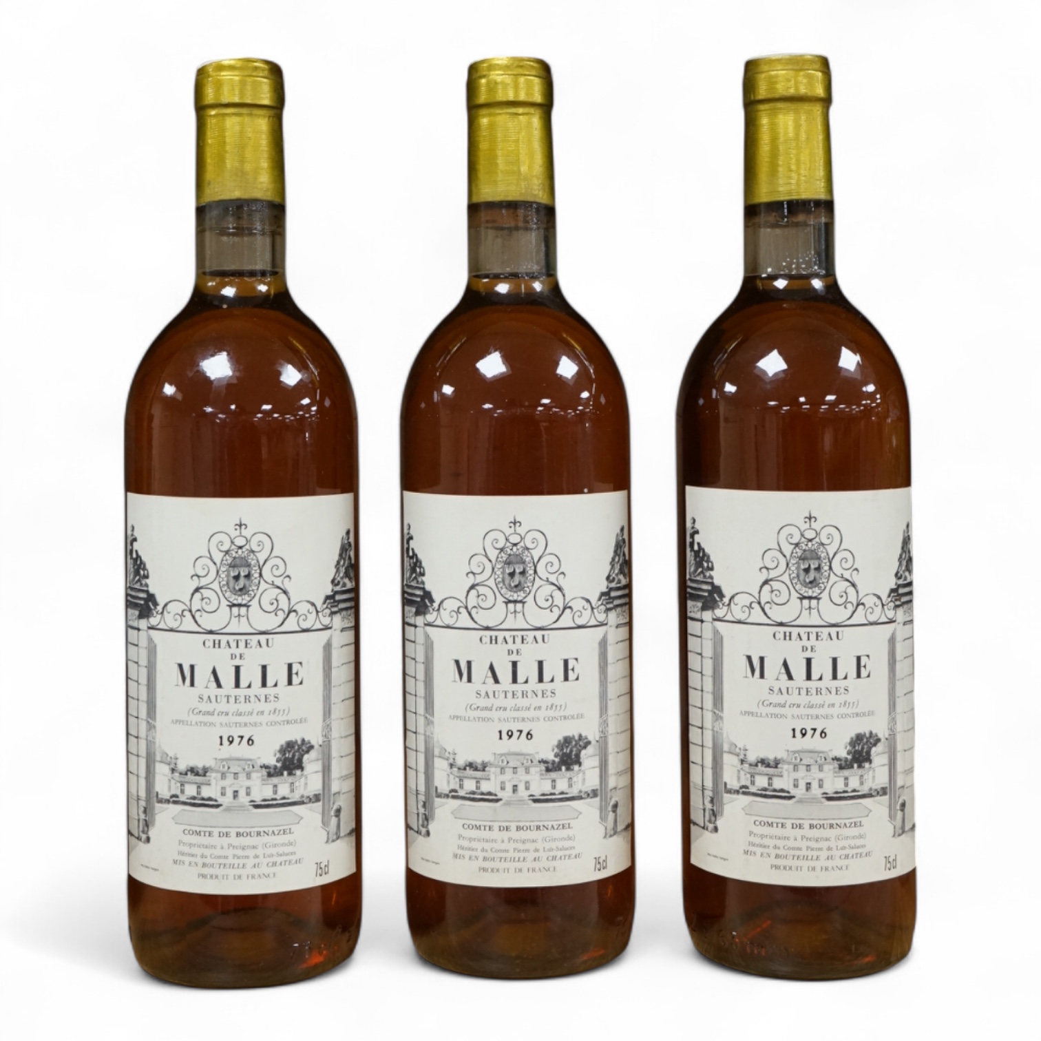 Three bottles of Chateau de Malle Sauternes Grand Cru Classe 1976